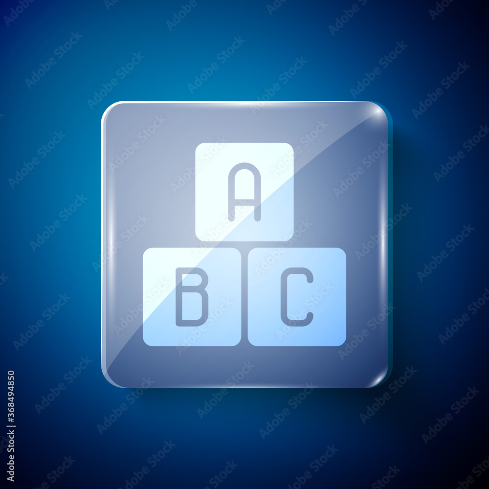 White ABC blocks icon isolated on blue background. Alphabet cubes with letters A,B,C. Square glass panels. Vector Illustration. White ABC blocks icon isolated on blue background. Alphabet cubes with letters A,B,C. Square glass panels. Vector Illustration.
