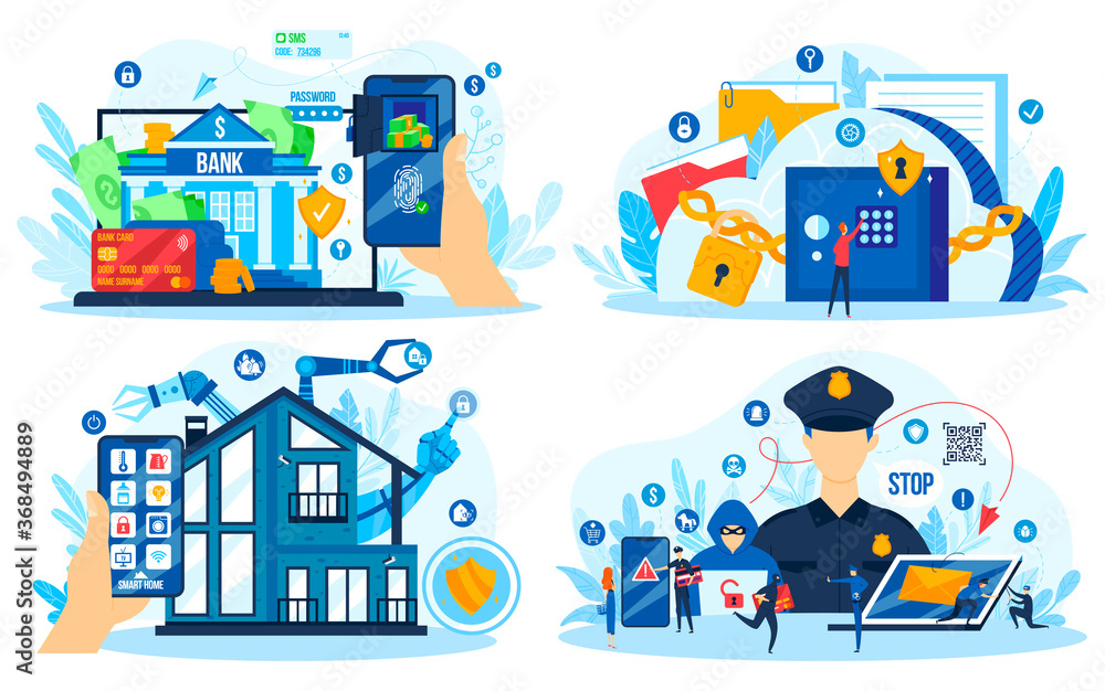 Internet cyber data payments security, protection of privacy computer vector illustration set. Cartoon flat safety technology against hacker activity or bank database hacking concept isolated on white Internet cyber data payments security, protection of privacy computer vector illustration set. Cartoon flat safety technology against hacker activity or bank database hacking concept isolated on white