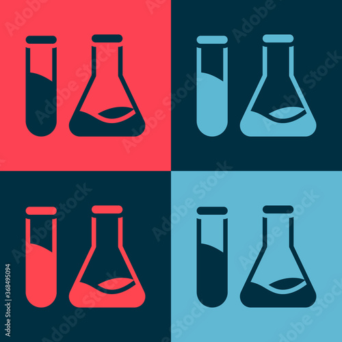 Pop art Test tube and flask - chemical laboratory test icon isolated on color background. Laboratory glassware sign. Vector Illustration.