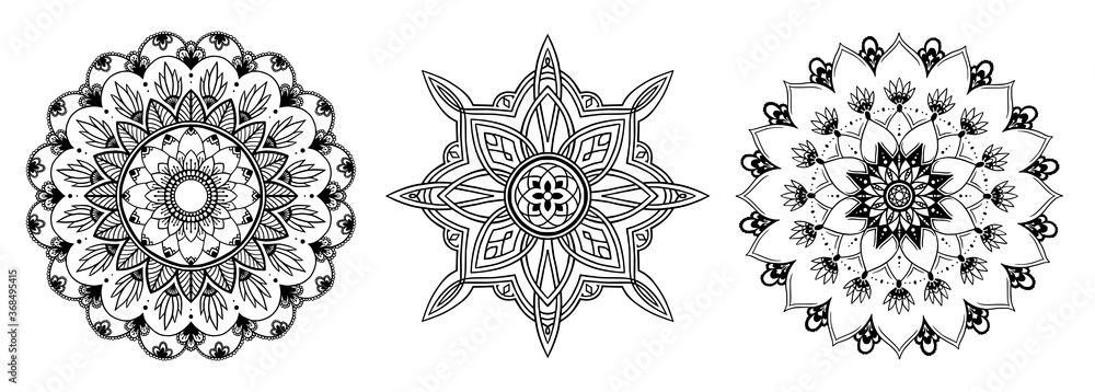 Fototapeta premium Circular pattern in form of mandala for coloring book, Henna, Mehndi, tattoo, Yoga logo. Background for meditation poster. Unusual flower shape oriental line vector. Anti-stress therapy pattern.