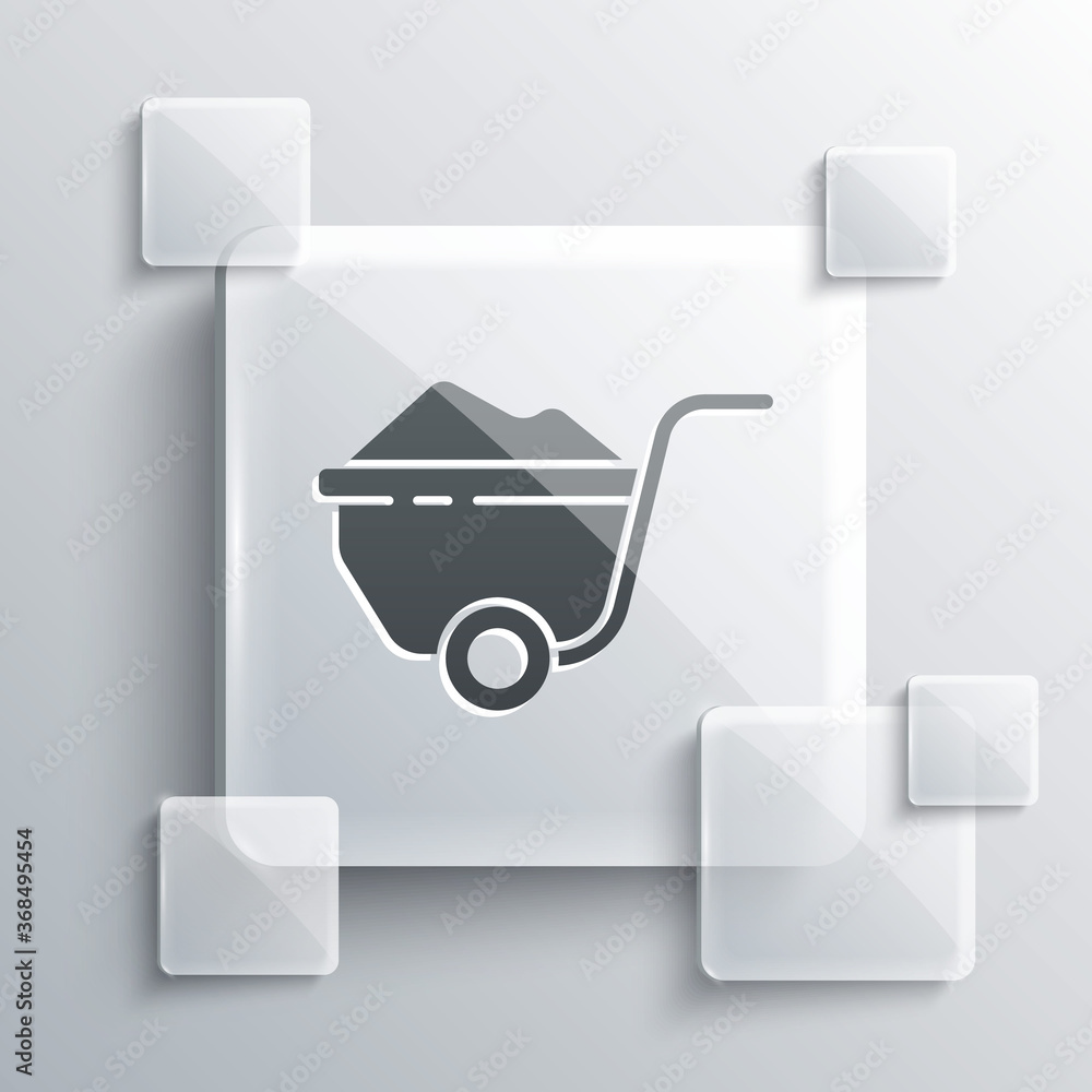 Grey Wheelbarrow with dirt icon isolated on grey background. Tool equipment. Agriculture cart wheel farm. Square glass panels. Vector Illustration. Grey Wheelbarrow with dirt icon isolated on grey background. Tool equipment. Agriculture cart wheel farm. Square glass panels. Vector Illustration.