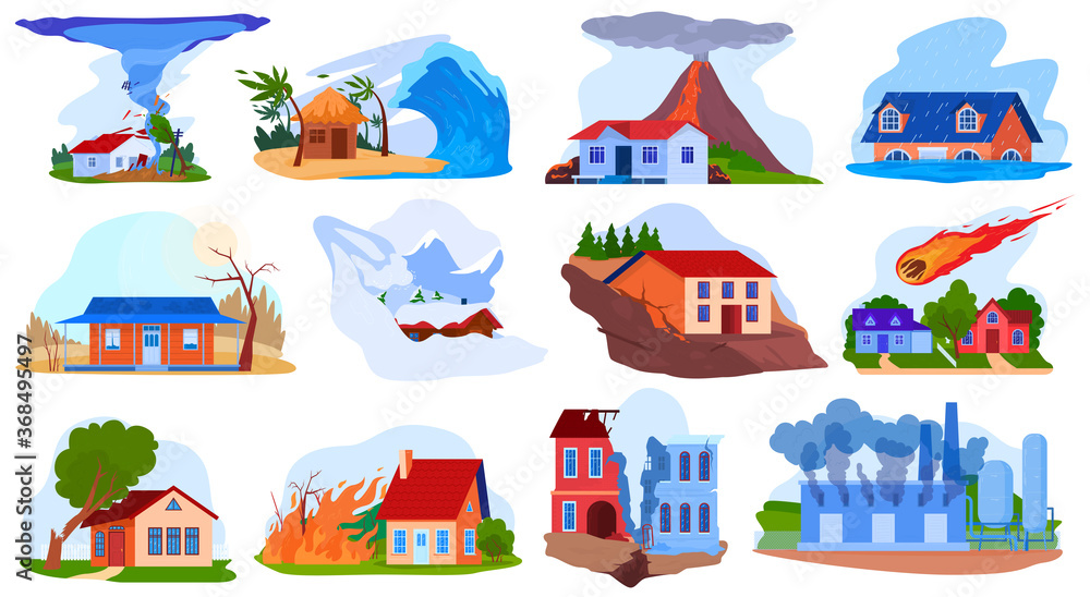 Nature disaster accident vector illustration set. Cartoon flat natural storm hurricane tornado tsunami volcano fire destroy house buildings, environment disaster catastrophe isolated on white