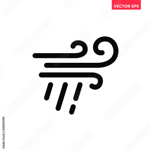 Black single windstorm with rain icon, simple bad weather flat design vector pictogram, infographic vector for app logo web website button banner ui ux interface elements isolated on white background