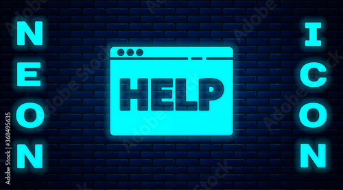 Glowing neon Browser help icon isolated on brick wall background. Internet communication protocol. Vector Illustration.
