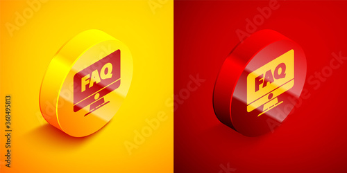 Isometric Computer monitor and FAQ icon isolated on orange and red background. Adjusting, service, setting, maintenance, repair, fixing. Circle button. Vector Illustration.