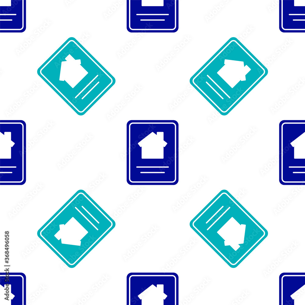Blue Online real estate house on tablet icon isolated seamless pattern on white background. Home loan concept, rent, buy, buying a property. Vector Illustration. Blue Online real estate house on tablet icon isolated seamless pattern on white background. Home loan concept, rent, buy, buying a property. Vector Illustration.