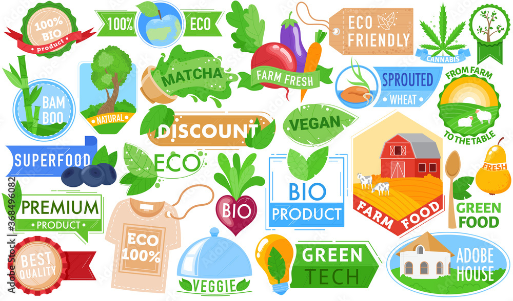 Organic eco vegan labels, nature bio farm product vector illustration set. Cartoon flat ecologic natural sticker stamp badge collection for food farmer market, green healthy life tag isolated on white
