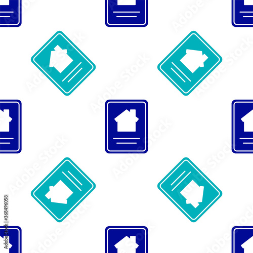 Blue Online real estate house on tablet icon isolated seamless pattern on white background. Home loan concept, rent, buy, buying a property. Vector Illustration. © Kostiantyn