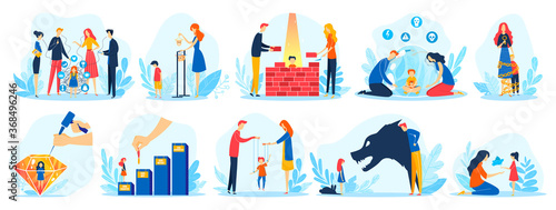 Parents and children parenting problems vector illustration set. Cartoon flat father mother characters have problematic communication with child, unhappy abuse parenthood concepts isolated on white