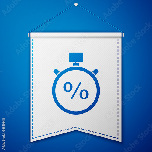 Blue Stopwatch and percent icon isolated on blue background. Time timer sign. White pennant template. Vector Illustration.