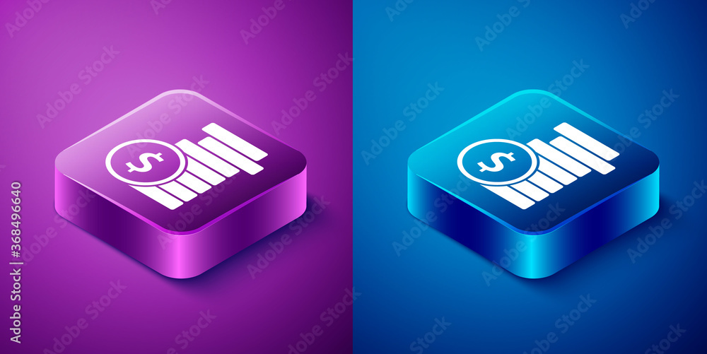 Isometric Coin money with dollar symbol icon isolated on blue and purple background. Banking currency sign. Cash symbol. Square button. Vector Illustration. Isometric Coin money with dollar symbol icon isolated on blue and purple background. Banking currency sign. Cash symbol. Square button. Vector Illustration.