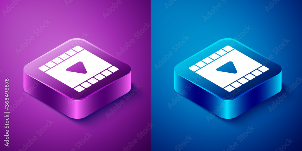 Isometric Play Video icon isolated on blue and purple background. Film strip with play sign. Square button. Vector Illustration. Isometric Play Video icon isolated on blue and purple background. Film strip with play sign. Square button. Vector Illustration.
