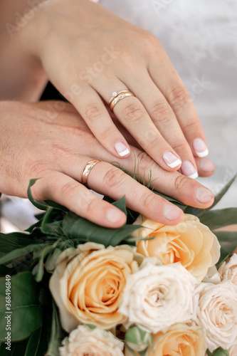 bride and groom hands with wedding rings