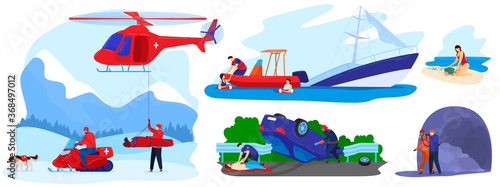 Rescue disaster vector illustration flat set. Cartoon rescuer team save injured character from accident, lifesaver in emergency medical hospital transport rescuing people saving life isolated on white