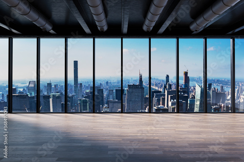 Front view modern empty office with panoramic skyline view bright daylight - 3D Illustration