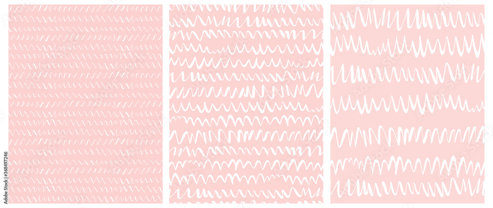 Fototapeta premium Abstract Hand Drawn Childish Style Vector Pattern Set. White Waves and Wavy Lines Isolated on a Various Pink Backgrounds. Modern Geometric Seamless Pattern. Irregular Freehand Print.