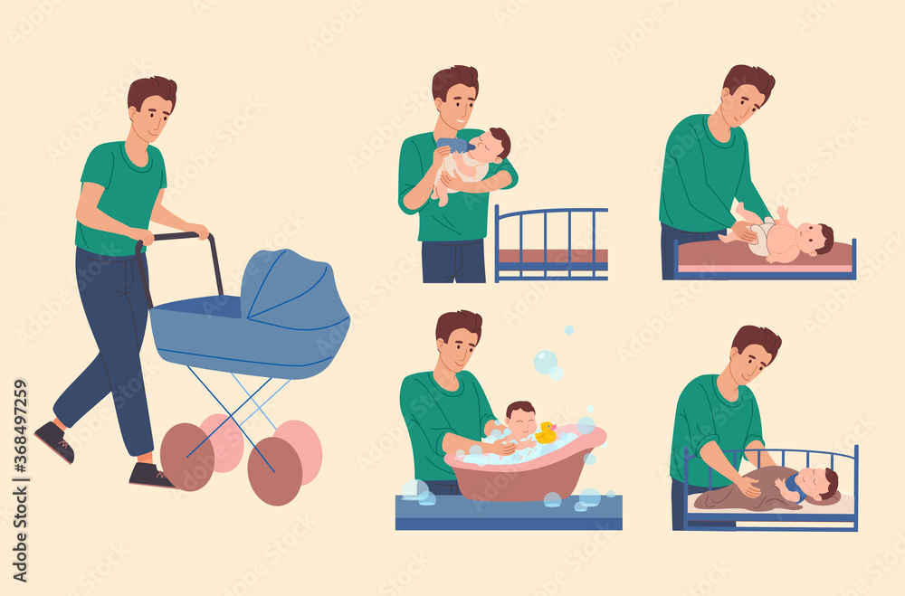 Dad takes care of the baby: he walk with a child, changes the diaper for the baby, bathes him in the bath, feeds him from the bottle and puts him in bed. Father spends time with his son. Vector. Dad takes care of the baby: he walk with a child, changes the diaper for the baby, bathes him in the bath, feeds him from the bottle and puts him in bed. Father spends time with his son. Vector.