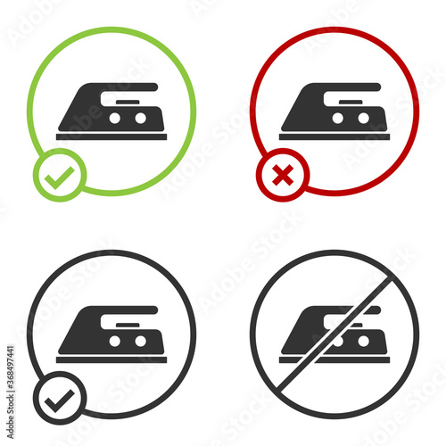 Black Electric iron icon isolated on white background. Steam iron. Circle button. Vector Illustration.