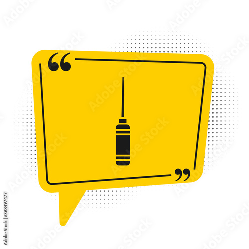 Black Awl tool with wooden handle icon isolated on white background. Work equipment tailor industry. Yellow speech bubble symbol. Vector Illustration.