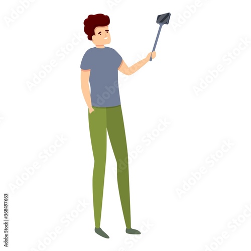 Man sightseeing selfie stick icon. Cartoon of man sightseeing selfie stick vector icon for web design isolated on white background