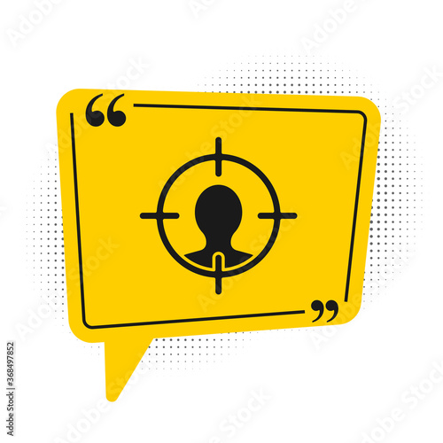 Black Head hunting concept icon isolated on white background. Business target or Employment sign. Human resource and recruitment. Yellow speech bubble symbol. Vector Illustration.