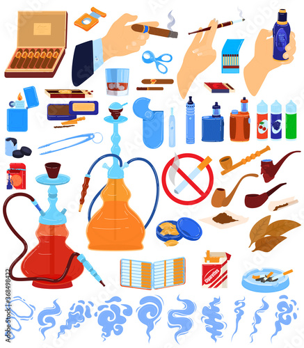 Smoking tobacco vector illustration flat set. Cartoon tobacco product smoke collection of classic cigar or cigarette in smoker hand, ash in ashtray, traditional hookah, tobacco leaf isolated on white