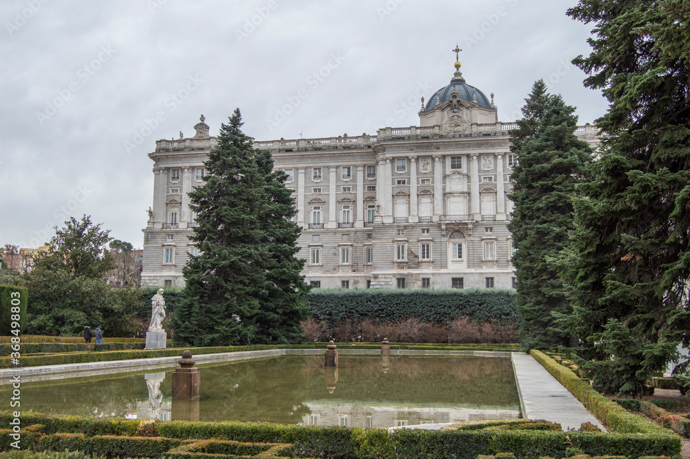 fragment of the Royal Palace with the pond from the Sabatini gardens in Madrid. Spain