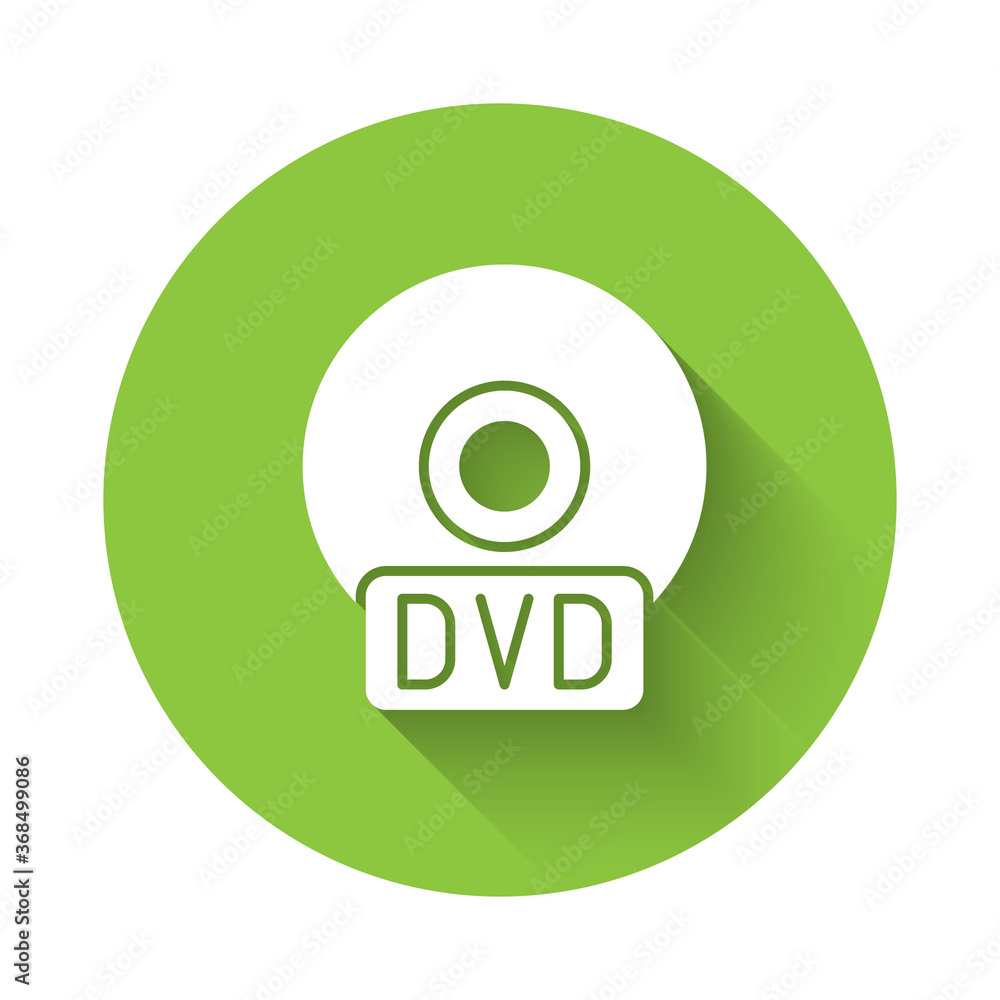 White CD or DVD disk icon isolated with long shadow. Compact disc sign. Green circle button. Vector Illustration. White CD or DVD disk icon isolated with long shadow. Compact disc sign. Green circle button. Vector Illustration.