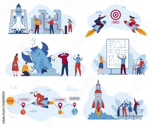 Business start up rocket, motivation concept vector illustration set. Cartoon flat businessman character team planning, launching or flying on rocket spaceship, teamwork idea startup isolated on white