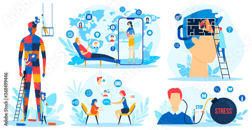 Mental therapy, people brain health vector illustration set. Cartoon flat psychologist therapist, patient characters on psychotherapy counseling session, talking about stress problem isolated on white