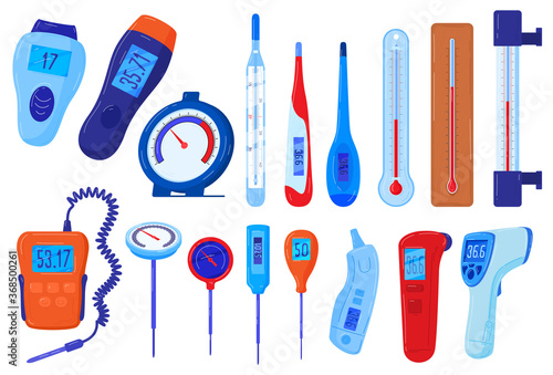 Thermometers vector illustration set. Cartoon flat temperature meters collection of meteorological celsius fahrenheit, classic medical healthcare mercury or electronic thermometer isolated on white