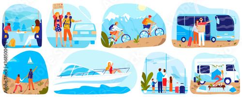 People travel, tourism vector illustration set. Cartoon flat man woman tourist characters traveling by ship airplane train or car bus, cycling in nature, family traveler adventure isolated on white