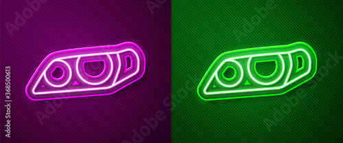 Glowing neon line Car headlight icon isolated on purple and green background. Vector Illustration.