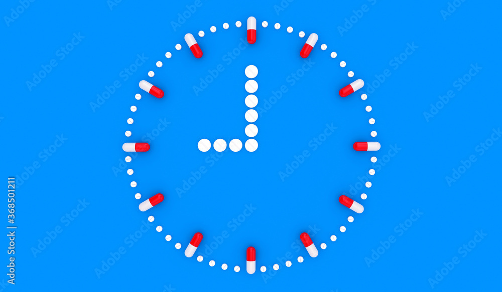 Pill clock. Pill tablet clock. Pill time. Medication Schedule. Blue background. 3D. 3D rendering Pill clock. Pill tablet clock. Pill time. Medication Schedule. Blue background. 3D. 3D rendering