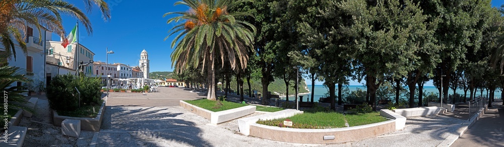 View of the square of Sirolo. Conero Riviera. Ancona, Adriatic Sea. Marche. Italy