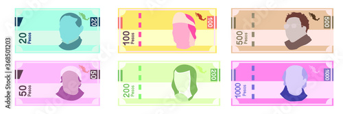 Pesos mexicanos, cuentas de 20, 50, 100, 200, 500. Billetes mexicanos