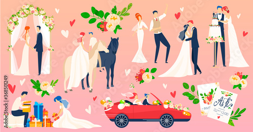 People wedding, marriage vector illustration flat set. Cartoon newlyweds character on romantic wedding ceremony scene, young bride groom dancing on weddings party celebration, traveling on honeymoon
