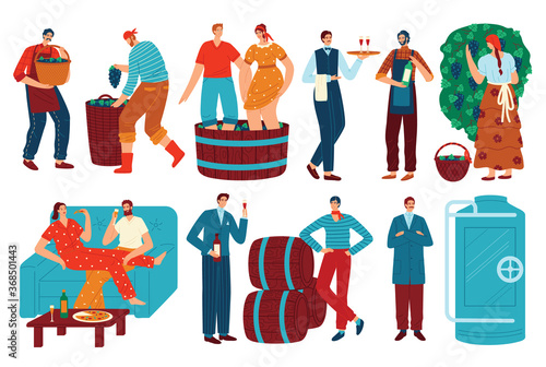 People and grapes wine vector illustration set. Cartoon flat man woman character drinking wine, winemaker harvesting grape harvest in vineyard for wine production, winemaking process isolated on white