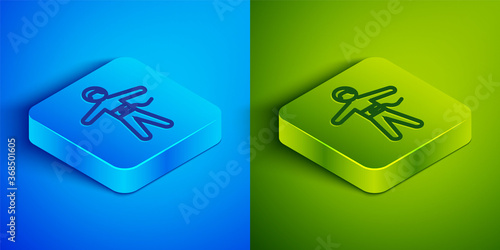 Isometric line Bungee jumping icon isolated on blue and green background. Square button. Vector Illustration.