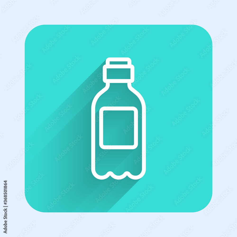 White line Bottle of water icon isolated with long shadow. Soda aqua drink sign. Green square button. Vector Illustration.