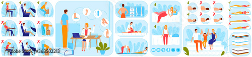 Spine back health care vector illustrations. Cartoon flat people patients on manual therapy medic spinal massage physio procedure, healthy orthopedic mattress, physiotherapy medicine isolated on white