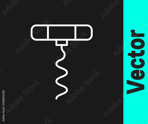 White line Wine corkscrew icon isolated on black background. Vector Illustration.