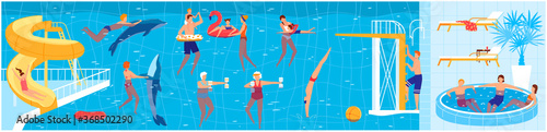 People swim in summer pool vector illustration. Cartoon flat man woman swimmers or family and kid characters swimming with dolphins, doing sport exercises, resting on blue water summertime pool party