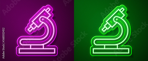 Glowing neon line Microscope icon isolated on purple and green background. Chemistry, pharmaceutical instrument, microbiology magnifying tool. Vector Illustration.