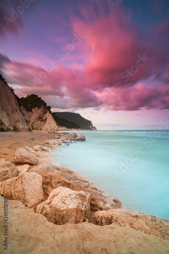 Fototapeta Naklejka Na Ścianę i Meble -  Sunset at Numana Alta beach, Riviera Conero, Ancona, Adriatic. Marche.