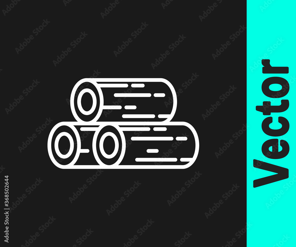 White line Wooden logs icon isolated on black background. Stack of firewood. Vector Illustration.