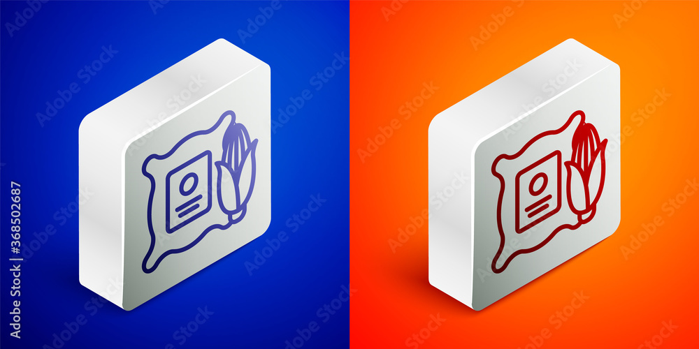 Isometric line Corn in the sack icon isolated on blue and orange background. Corn in a canvas bag. Farmers market. Silver square button. Vector Illustration. Isometric line Corn in the sack icon isolated on blue and orange background. Corn in a canvas bag. Farmers market. Silver square button. Vector Illustration.