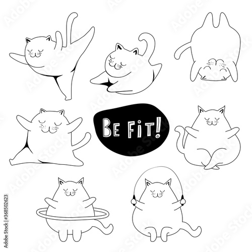 Outline icons, icons of cats. Fat cats do fitness and yoga. Hand lettering Be in shape. Monochrome vector illustration in doodle style.