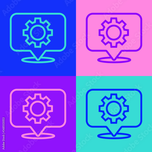 Pop art line Location with gear icon isolated on color background. Vector Illustration.