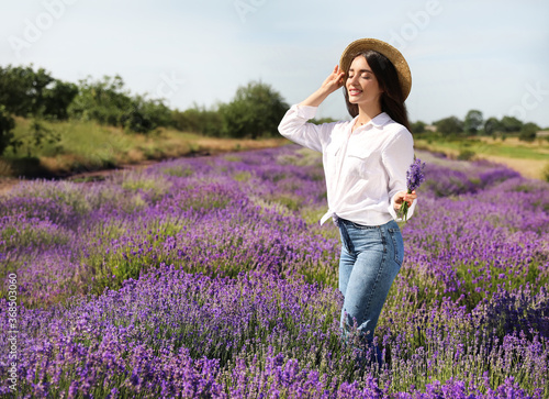 Fototapeta Naklejka Na Ścianę i Meble -  Young woman with lavender bouquet in field on summer day
